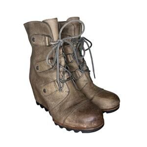 Sorel Joan of Arctic Boots Women's 7.5 Brown Leather Lace Up Ankle Wedge Bootie